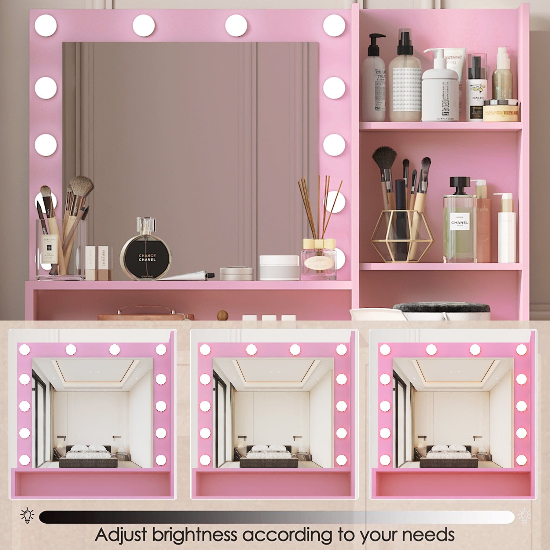 Vanity Desk with Mirror & Light | Pink/White VEYELASH®