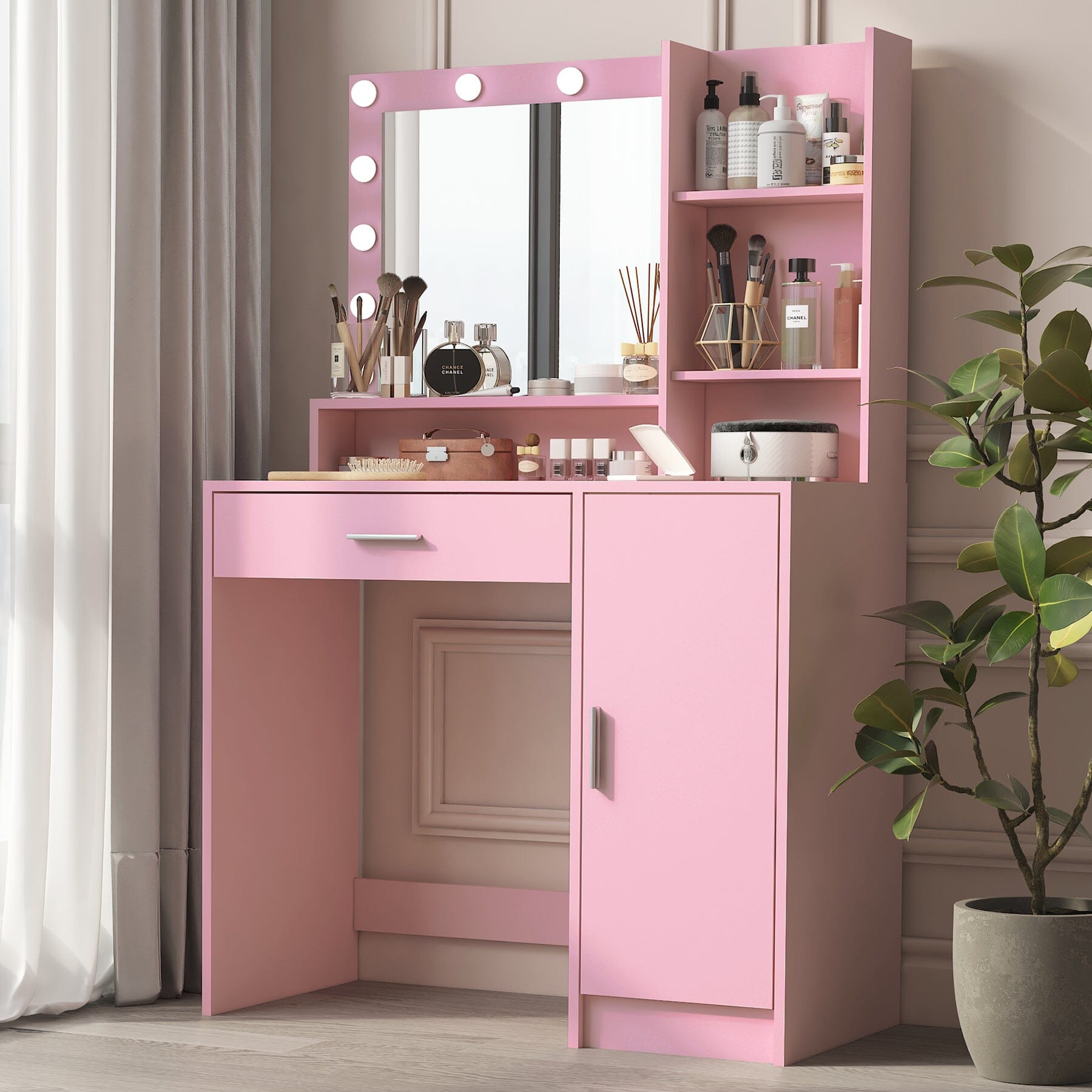 Vanity Desk with Mirror & Light | Pink/White VEYELASH® Pink
