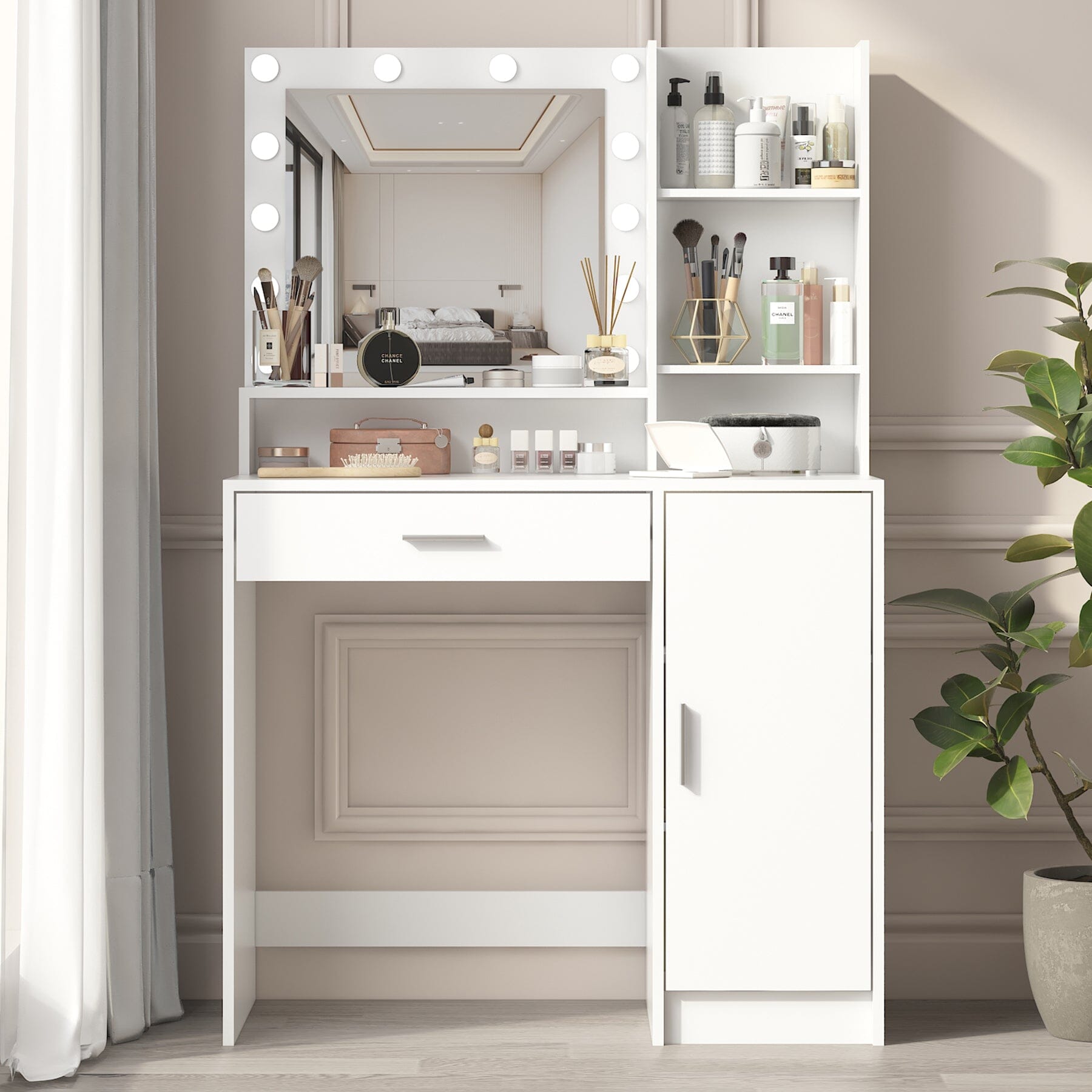 Vanity Desk with Mirror & Light | Pink/White VEYELASH® White