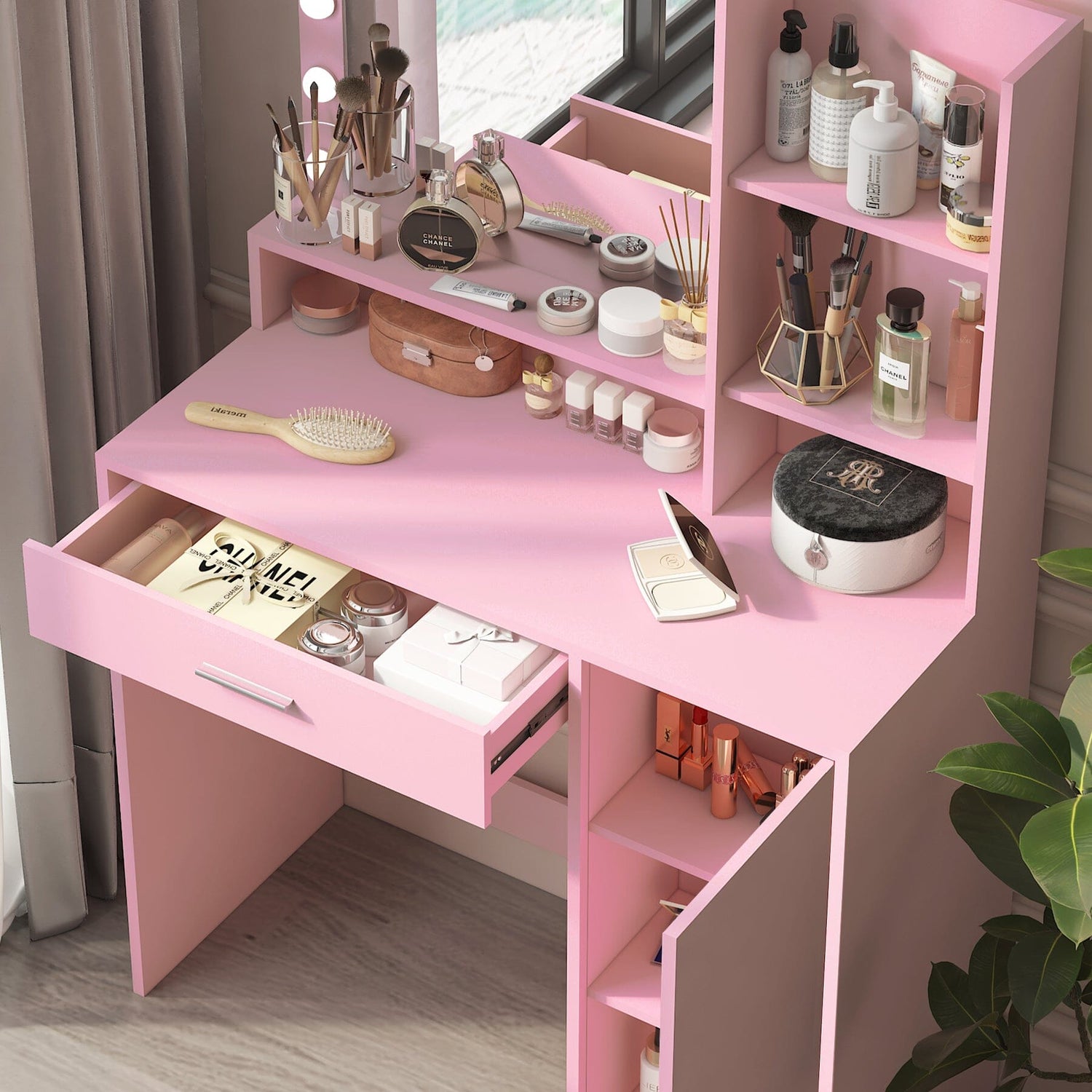 white and pink dressing table Vintage French Louis Style Dressing Table, Mirror & Stool, Pink Cream White