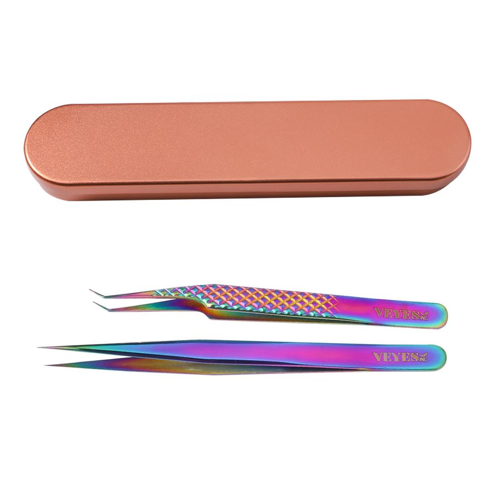 2 PCS Lash Tweezers &amp; Storage Case VEYELASH? 2 Rainbow Tweezers+Rose Gold Case 